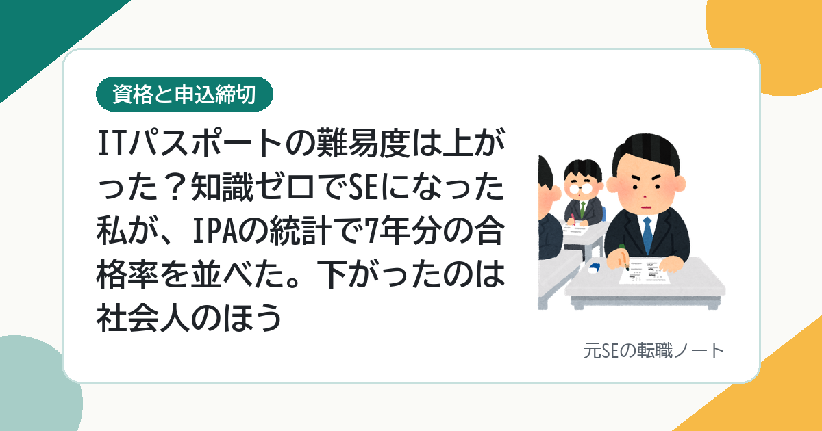 ITパスポートの難易度は上がった？知識ゼロでSEになった私が、IPAの統計で7年分の合格率を並べた。下がったのは社会人のほう
