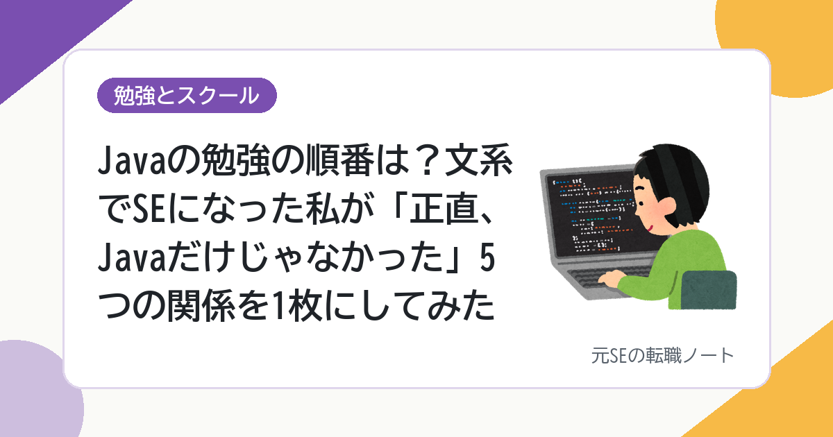 Javaの勉強の順番は？文系でSEになった私が「正直、Javaだけじゃなかった」5つの関係を1枚にしてみた