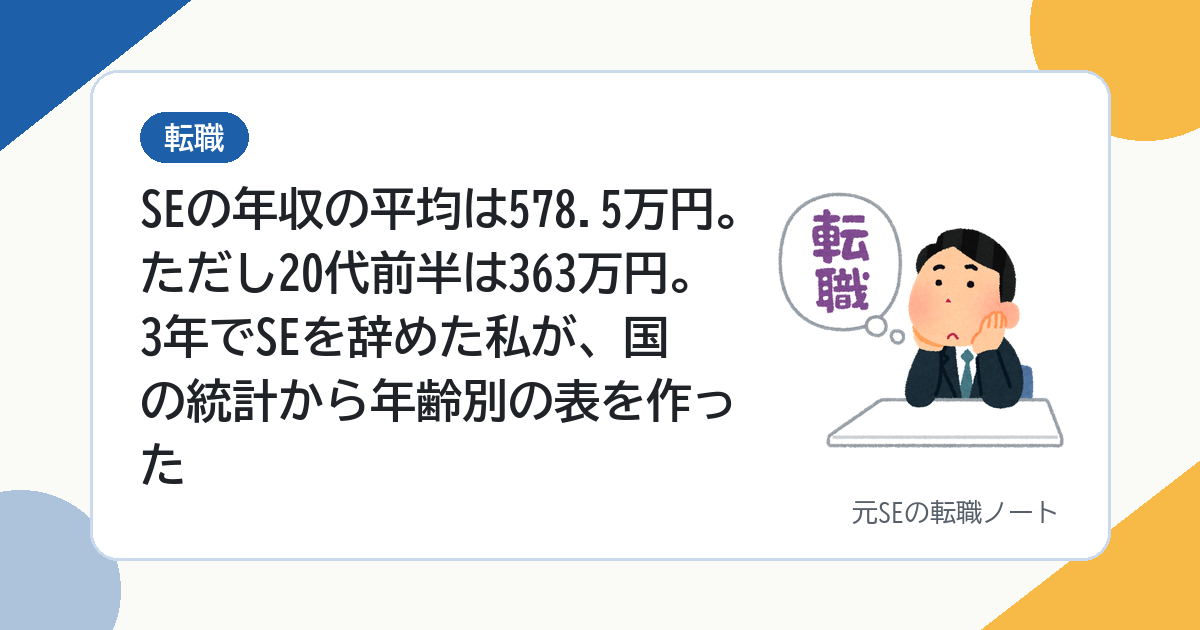 SEの年収の平均は578.5万円。ただし20代前半は363万円。3年でSEを辞めた私が、国の統計から年齢別の表を作った
